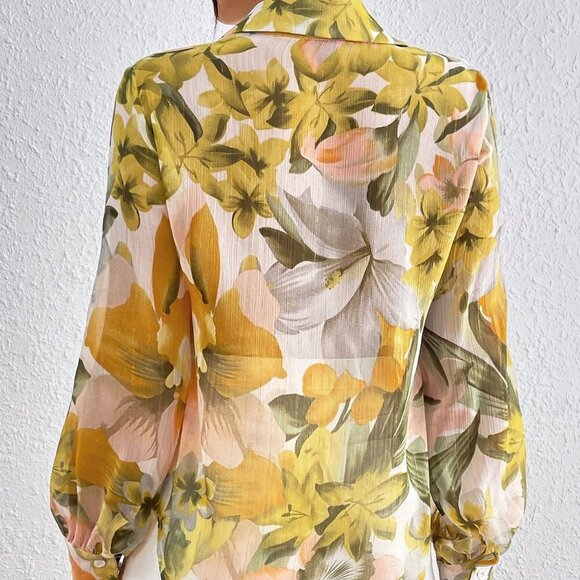 Yellow Boho Women's  Turn-Down Collar Button down floral blouse - Picture 2 of 6